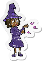 retro distressed sticker of a cartoon witch casting spell png