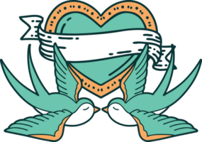 image emblématique de style tatouage d'hirondelles et d'un coeur avec bannière png