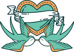 iconic tattoo style image of swallows and a heart with banner png