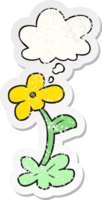 dibujos animados flor con pensamiento burbuja como un afligido desgastado pegatina png