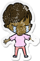 distressed sticker of a cartoon woman crying png