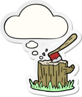 cartoon axe in tree stump with thought bubble as a printed sticker png