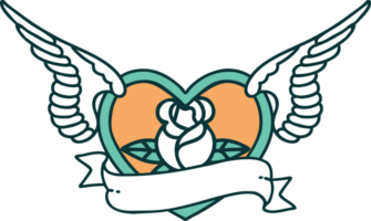 image emblématique de style tatouage d'un coeur volant avec des fleurs et une bannière png