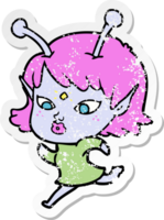 distressed sticker of a pretty cartoon alien girl running png