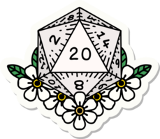 sticker of a natural 20 D20 dice roll with floral elements png