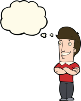 cartoon man with folded arms grinning with thought bubble png