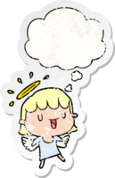 cartoon angel with thought bubble as a distressed worn sticker png