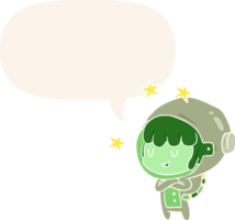 cartoon female future astronaut in space suit with speech bubble in retro style png