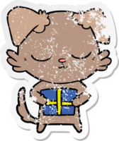 distressed sticker of a cute cartoon dog with christmas present png