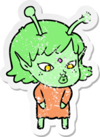 distressed sticker of a pretty cartoon alien girl png