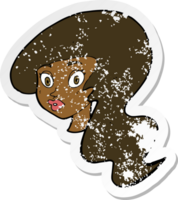 retro distressed sticker of a cartoon pretty female face png