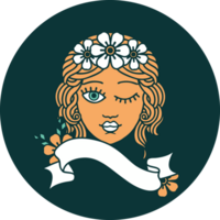 tattoo style icon with banner of a maiden with crown of flowers winking png