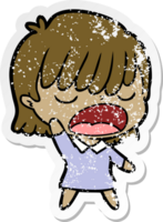 distressed sticker of a cartoon woman talking loudly png