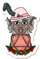 sticker of a elf bard character with natural twenty dice roll png