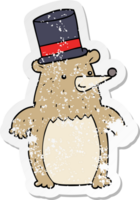 distressed sticker of a cartoon bear in top hat png