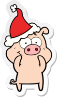 happy hand drawn sticker cartoon of a pig wearing santa hat png