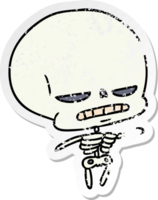 hand drawn distressed sticker cartoon of spooky kawaii skeleton png