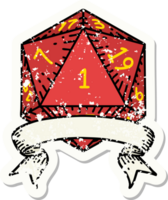 adesivo grunge de um rolo de dados natural de um d20 png