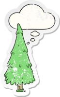 dessin animé Noël arbre avec pensée bulle comme une affligé usé autocollant png