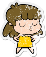 distressed sticker of a cartoon indifferent woman png