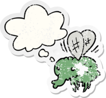 cartoon fly with thought bubble as a distressed worn sticker png