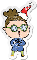 main tiré affligé autocollant dessin animé de une femme portant lunettes portant Père Noël chapeau png