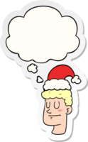 cartoon man wearing christmas hat with thought bubble as a printed sticker png