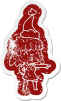 eigenzinnig tekenfilm verontrust sticker van een gelukkig meisje vervelend de kerstman hoed png