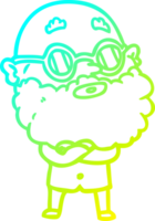 cold gradient line drawing of a cartoon curious man with beard and glasses png