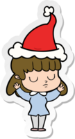 main tiré autocollant dessin animé de une indifférent femme portant Père Noël chapeau png