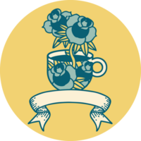 icône de style tatouage avec bannière d'une tasse et de fleurs png