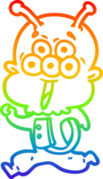 rainbow gradient line drawing of a happy cartoon alien running png