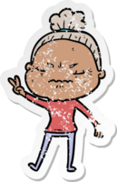 distressed sticker of a cartoon annoyed old lady png