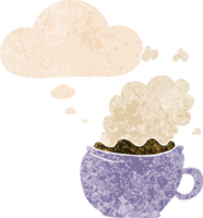 cartoon hot cup of coffee with thought bubble in grunge distressed retro textured style png