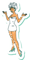 distressed sticker tattoo in traditional style of a pinup girl in towels png