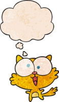 crazy cartoon cat with thought bubble in grunge texture style png