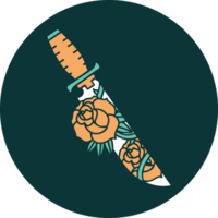 iconic tattoo style image of a dagger and flowers png