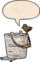 cartoon bird looking into bucket of water with speech bubble in retro texture style png