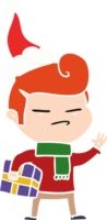 hand drawn flat color illustration of a cool guy with fashion hair cut wearing santa hat png
