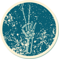 iconic distressed sticker tattoo style image of a skeleton giving a peace sign png