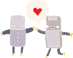 cartoon robots in love with speech bubble in retro style png