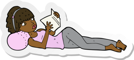 sticker of a cartoon pretty woman reading book png