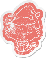 cute quirky cartoon distressed sticker of a dog wearing santa hat png