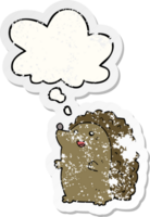 cartoon happy hedgehog with thought bubble as a distressed worn sticker png