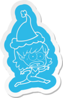 quirky cartoon  sticker of a shocked elf girl wearing santa hat png