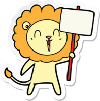 sticker of a laughing lion cartoon with placard png