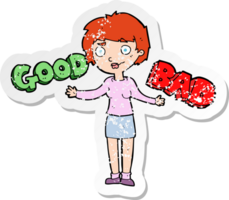 retro distressed sticker of a cartoon woman weighing up options png