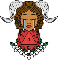 Retro Tattoo Style crying tiefling with natural one D20 dice roll png