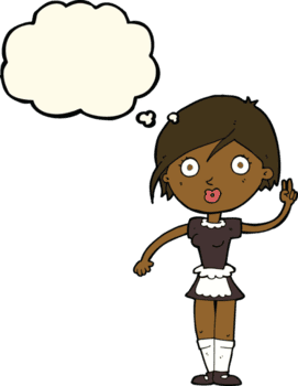 caricatura, camarera, elaboración, mano, gesto, con, pensamiento, burbuja png