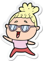 klistermärke av en tecknad lycklig kvinna som bär glasögon png